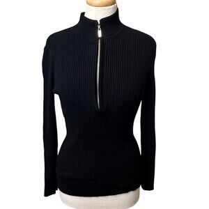 Boston Proper Sweater Sz Sm Black Ribbed Knit Quarter Zip Mock Neck Pullover